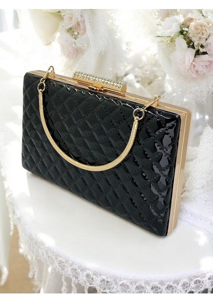 Siyah Lüks Rugan Metal Saplı Kapitone Desenli Kadın Abye Çanta Düğün Nişan Mezuniyet