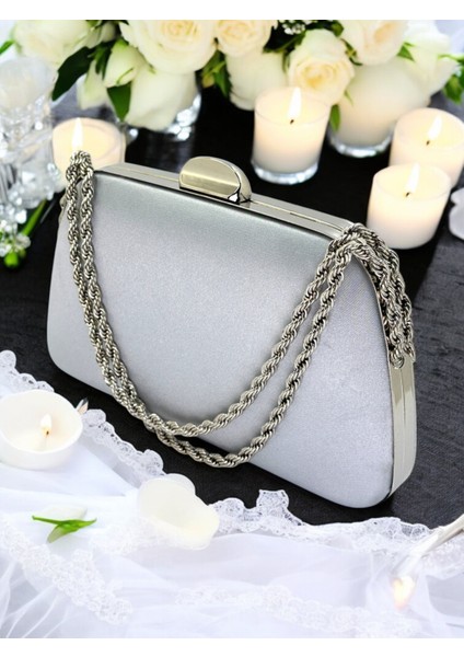 Özel Tasarım Gümüş Gri Renk Saten Zincir Saplı Kristal Taşlı Saplı Kulplu Kadın Abiye Çanta