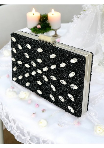 Siyah Renk Gümüş Taşlı Kadın Abiye Çanta Zincir Askılı Düğün Nişan Mezuniyet