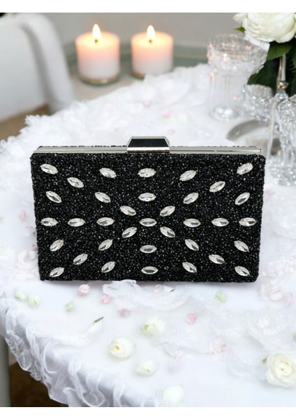 Siyah Renk Gümüş Taşlı Kadın Abiye Çanta Zincir Askılı Düğün Nişan Mezuniyet fiyatları