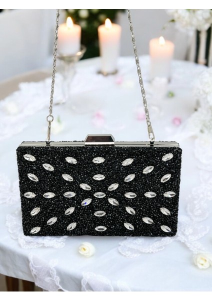 Siyah Renk Gümüş Taşlı Kadın Abiye Çanta Zincir Askılı Düğün Nişan Mezuniyet fırsatları