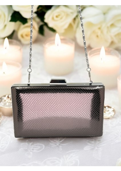 Platin Renk Balıksırtı Desenli Metal Saplı Parlak Rugan Deri Kadın Abiye Çanta Düğün Nişan fırsatları