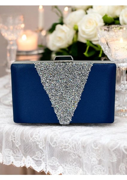 Lacivert Saten Gümüş Taşlı Abiye Çanta Gece Çantası Nişan Düğün Çantası fiyatları