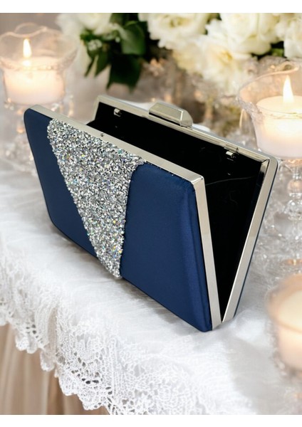 Lacivert Saten Gümüş Taşlı Abiye Çanta Gece Çantası Nişan Düğün Çantası modelleri