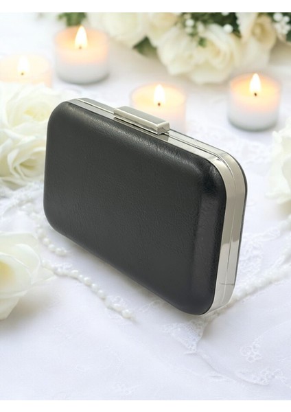 Siyah Kırışık Cilt Deri Metalik Renk Zincir Askılı Abiye Çanta Düğün Nişan Mezuniyet