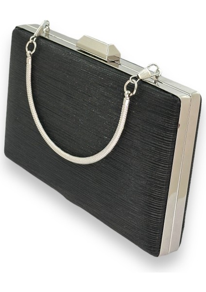 Siyah Renk Ithal Lazer Desenli Çizgili Metal Saplı Abiye Gece Çantası Nişan Düğün Davet Balo fırsatları