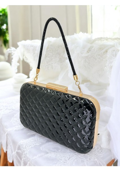 Siyah Lüks Rugan Taşlı Saplı Kapitone Desenli Kadın Abye Çanta Düğün Nişan Mezuniyet