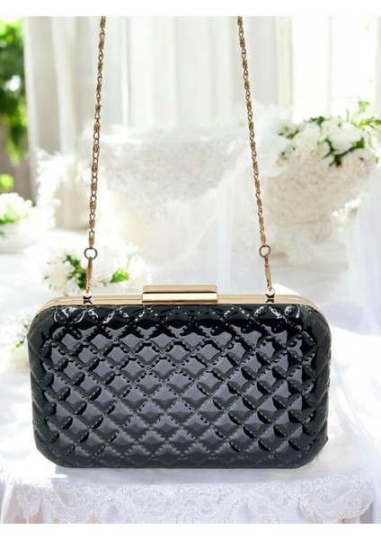 Siyah Lüks Rugan Taşlı Saplı Kapitone Desenli Kadın Abye Çanta Düğün Nişan Mezuniyet fırsatları