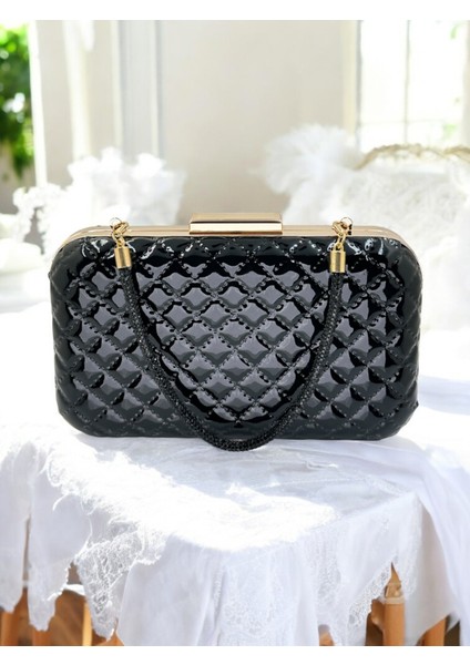 Siyah Lüks Rugan Taşlı Saplı Kapitone Desenli Kadın Abye Çanta Düğün Nişan Mezuniyet