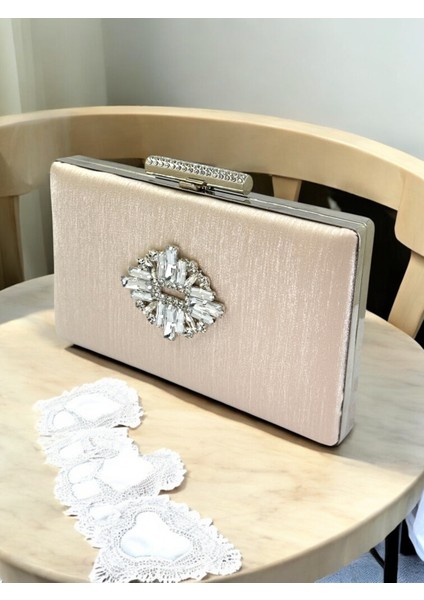 Ten Nude Renk El Izi Yapmayan Simli Saten Kristal Taşlı Kadın Abiye Çanta Düğün Nişan