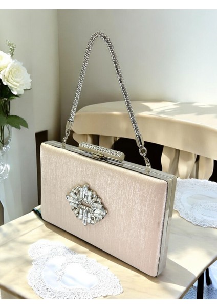 Ten Nude Taşlı Saplı Renk El Izi Yapmayan Simli Saten Kristal Taşlı Kadın Abiye Çanta Düğün Nişan
