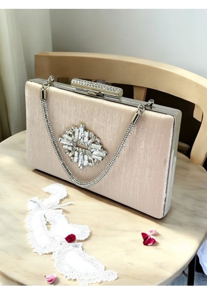 Ten Nude Taşlı Saplı Renk El Izi Yapmayan Simli Saten Kristal Taşlı Kadın Abiye Çanta Düğün Nişan modelleri