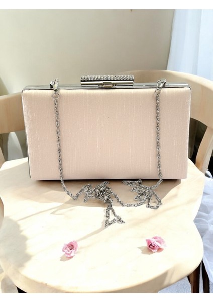 Ten Nude Taşlı Saplı Renk El Izi Yapmayan Simli Saten Kristal Taşlı Kadın Abiye Çanta Düğün Nişan