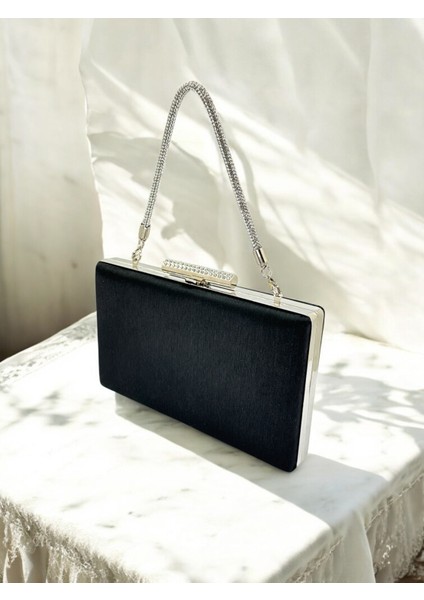 Siyah Taşlı Saplı Renk El Izi Yapmayan Simli Saten Kadın Abiye Çanta Düğün Nişan