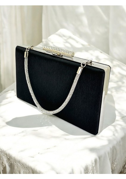 Siyah Taşlı Saplı Renk El Izi Yapmayan Simli Saten Kadın Abiye Çanta Düğün Nişan modelleri