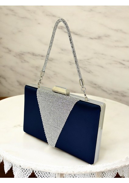 Lacivert Renk Saten Gümüş Renk Kristal Taşlı Saplı Kadın Abiye Çanta Düğün Mezuniyet Nişan