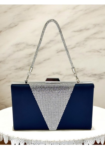 Lacivert Renk Saten Gümüş Renk Kristal Taşlı Saplı Kadın Abiye Çanta Düğün Mezuniyet Nişan fiyatları