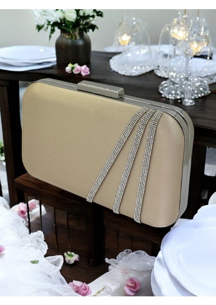 Nude Renk Saten Gümüş Taşlı Abiye Çanta Gece Çantası Nişan Düğün Çantası