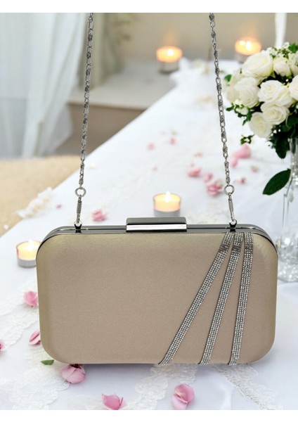 Nude Renk Saten Gümüş Taşlı Abiye Çanta Gece Çantası Nişan Düğün Çantası fırsatları
