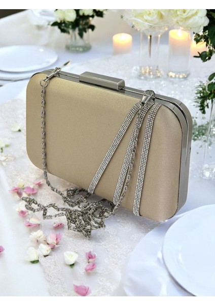 Nude Renk Saten Gümüş Taşlı Abiye Çanta Gece Çantası Nişan Düğün Çantası