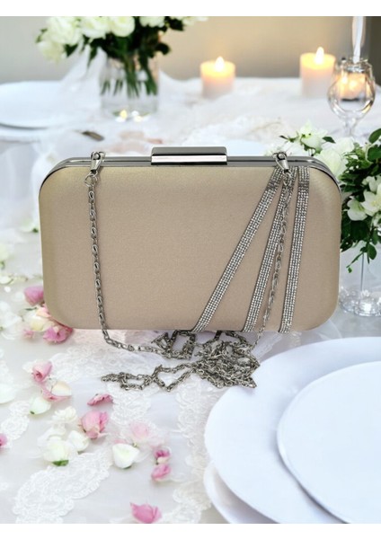 Nude Renk Saten Gümüş Taşlı Abiye Çanta Gece Çantası Nişan Düğün Çantası