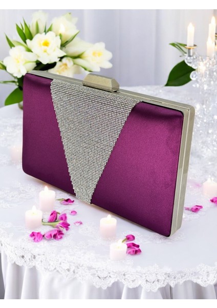 Mor Saten Gümüş Taşlı Abiye Çanta Gece Çantası Nişan Düğün Çantası