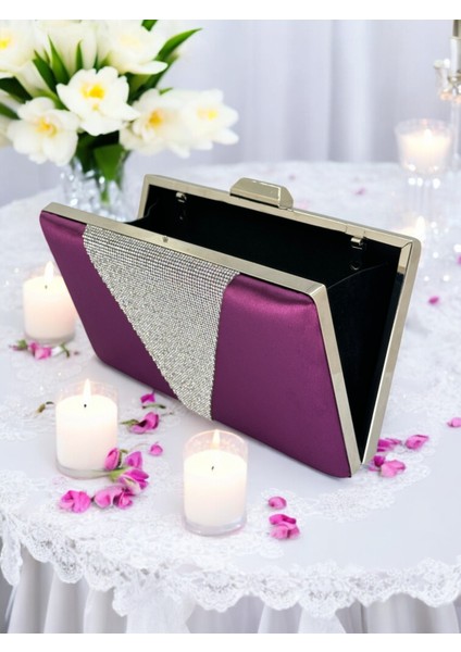 Mor Saten Gümüş Taşlı Abiye Çanta Gece Çantası Nişan Düğün Çantası modelleri