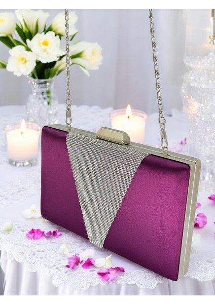 Mor Saten Gümüş Taşlı Abiye Çanta Gece Çantası Nişan Düğün Çantası indirimleri