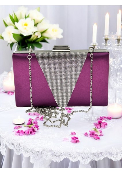 Mor Saten Gümüş Taşlı Abiye Çanta Gece Çantası Nişan Düğün Çantası