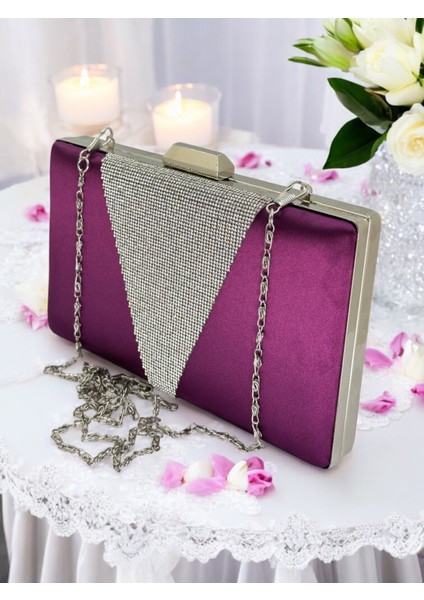 Mor Saten Gümüş Taşlı Abiye Çanta Gece Çantası Nişan Düğün Çantası