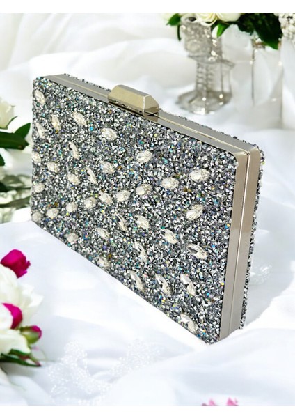 Gümüş Renk Taşlı Kadın Abiye Çanta Zincir Askılı Düğün Nişan Mezuniyet