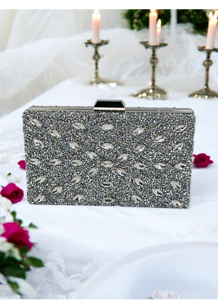 Gümüş Renk Taşlı Kadın Abiye Çanta Zincir Askılı Düğün Nişan Mezuniyet fiyatları