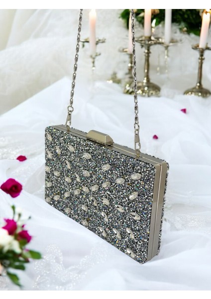 Gümüş Renk Taşlı Kadın Abiye Çanta Zincir Askılı Düğün Nişan Mezuniyet indirimleri