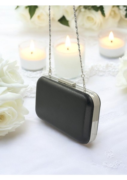 Siyah Kırışık Cilt Deri Metalik Renk Zincir Askılı Abiye Çanta Düğün Nişan Mezuniyet indirimleri