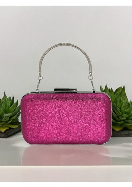Fuşya Pembe Renk Kristal Desenli Abiye Çanta Gece Çantası Düğün Nişan Portföy