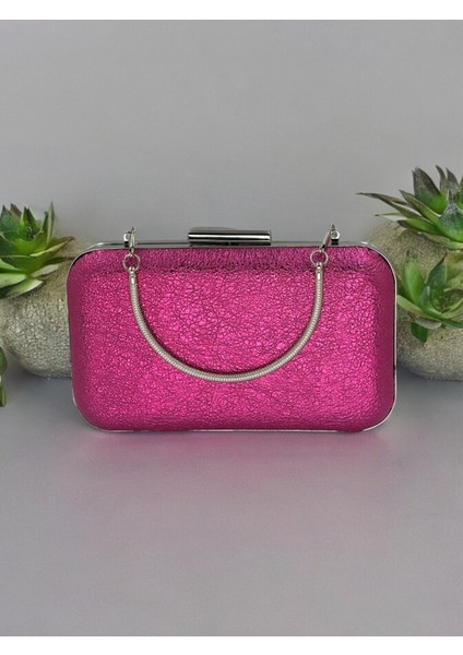 Fuşya Pembe Renk Kristal Desenli Abiye Çanta Gece Çantası Düğün Nişan Portföy