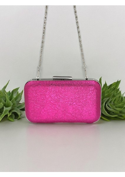 Fuşya Pembe Renk Kristal Desenli Abiye Çanta Gece Çantası Düğün Nişan Portföy