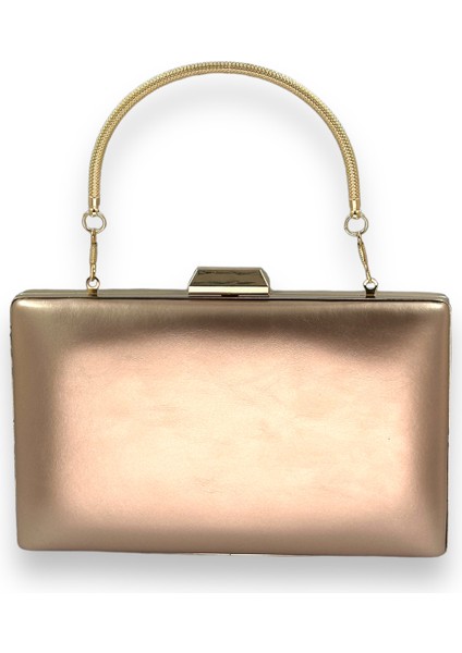 Rose Gold Cilt Deri Mat Deri Metal Saplı Abiye Çanta Gece Çantası Düğün Nişan Kına