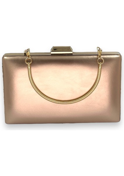 Rose Gold Cilt Deri Mat Deri Metal Saplı Abiye Çanta Gece Çantası Düğün Nişan Kına