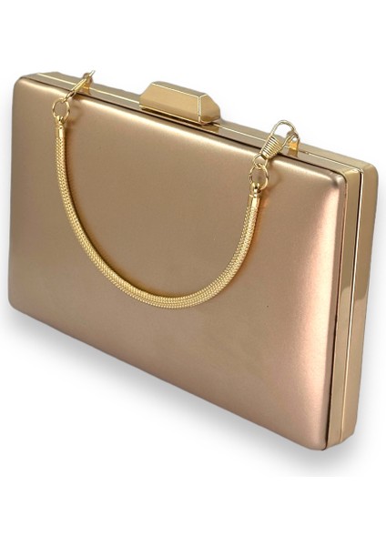 Rose Gold Cilt Deri Mat Deri Metal Saplı Abiye Çanta Gece Çantası Düğün Nişan Kına