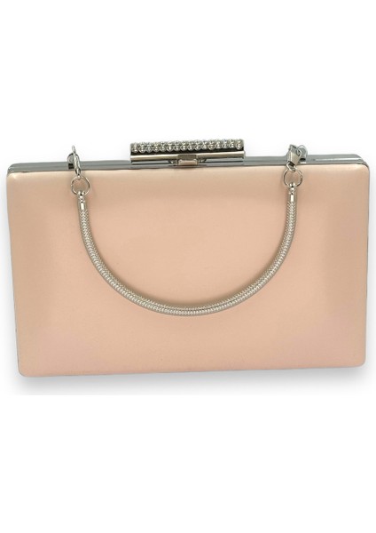 Ten Renk Cilt Deri Mat Deri Metal Saplı Abiye Çanta Gece Çantası Düğün Nişan Kına