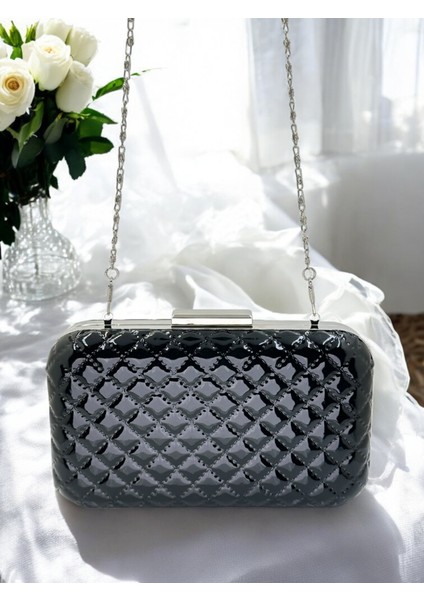 Siyah Lüks Rugan Kapitone Desenli Metal Saplı Kadın Abye Çanta Düğün Nişan Mezuniyet fırsatları