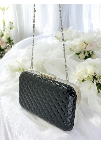 Siyah Lüks Rugan Kapitone Desenli Metal Saplı Kadın Abye Çanta Düğün Nişan Mezuniyet indirimleri