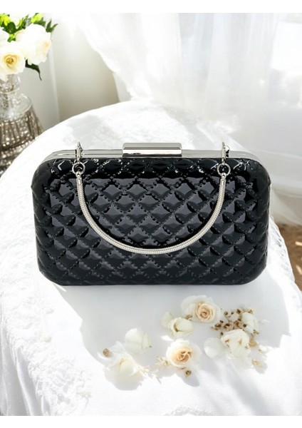 Siyah Lüks Rugan Kapitone Desenli Metal Saplı Kadın Abye Çanta Düğün Nişan Mezuniyet