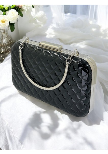 Siyah Lüks Rugan Kapitone Desenli Metal Saplı Kadın Abye Çanta Düğün Nişan Mezuniyet
