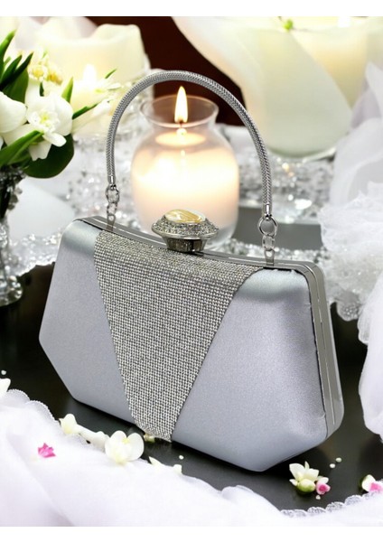 Gümüş Gri Renk Saten Gümüş Taşlı Abiye Çanta Gece Çantası Nişan Düğün Çantası