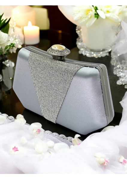 Gümüş Gri Renk Saten Gümüş Taşlı Abiye Çanta Gece Çantası Nişan Düğün Çantası modelleri