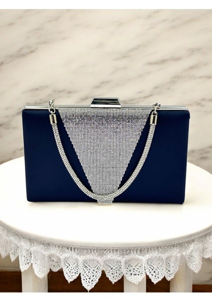 Lacivert Renk Saten Gümüş Renk Kristal Taşlı Saplı Kadın Abiye Çanta Düğün Mezuniyet Nişan fırsatları