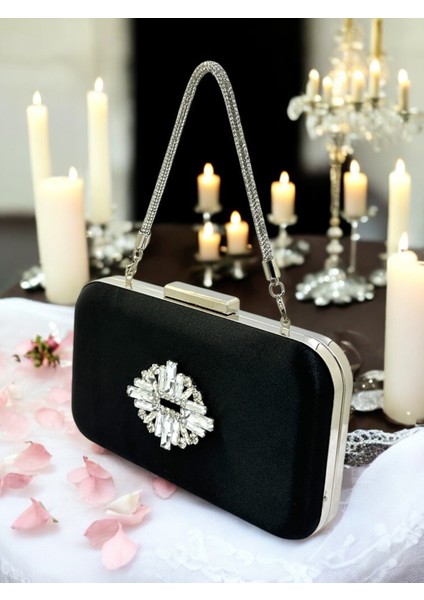 Siyah Renk Saten Taşlı Saplı Kadın Abiye Çanta Düğün Nişan Mezuniyet
