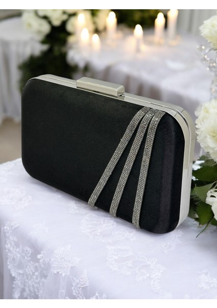 Siyah Renk Saten Platin Taşlı Abiye Çanta Gece Çantası Nişan Düğün Çantası